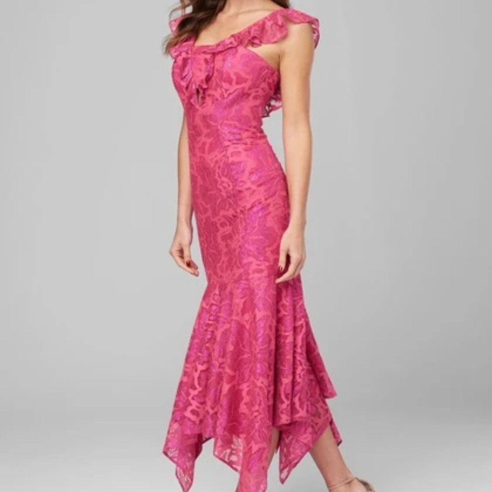 Lace Ruffled Midi Dress  Pink Glow Bebe Size 6 NWT